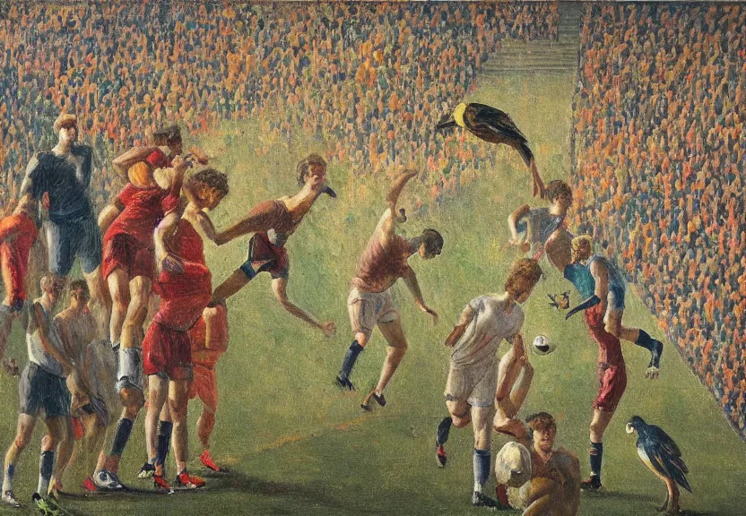 Image similar to spectators watching a football match + oil painting in the style of alberto giacometti and agostino arrivabene + two point perspective + bird's eye view + golden ratio composition