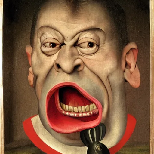 Image similar to red faced nigel farage angry screaming, by hieronymus bosch