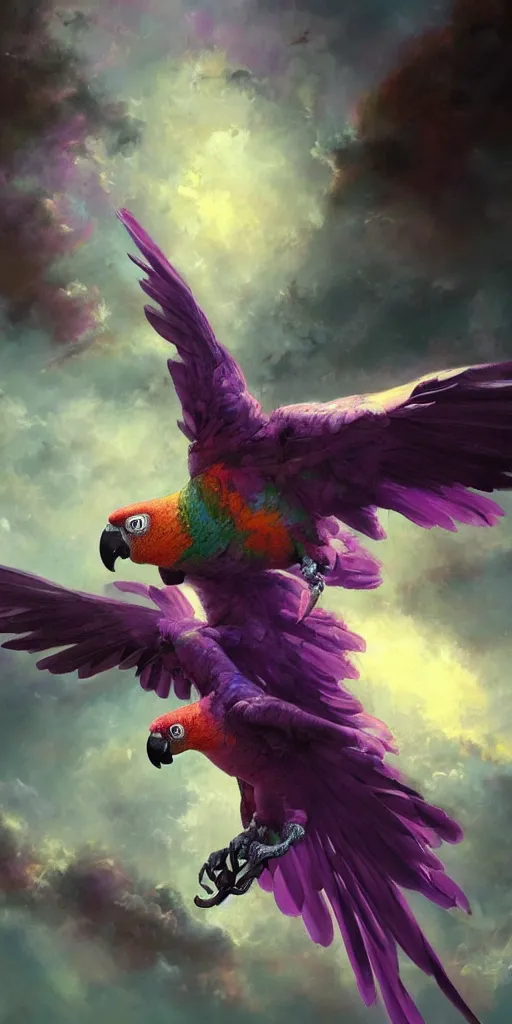 Image similar to a painting of a purple parrot flying through the sky, poster art by raymond swanland, deviantart, fantasy art, christian, deviantart, mystical