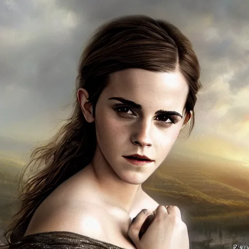 Image similar to a beautiful matte painting of emma watson, by steve argyle and mark arian