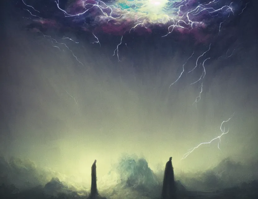 Image similar to a space laces kind of poster cinematic sci - fi scene and science fiction theme with lightning, aurora lighting. clouds and stars. smoke. a ball of light in the middle. futurism. fantasy. by beksinski carl spitzweg and tuomas korpi. baroque elements. oil painting. dramatic. artstation. 8 k