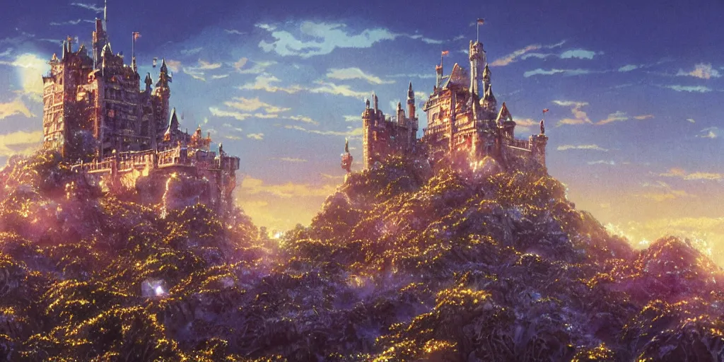 Prompt: a matte painting of a castle made of crystals surrounded by a mist shot at golden hour on 3 0 mm film painted by makoto shinkai takashi takeuchi studio ghibli, akihiko yoshida, yoshitaka amano, wangechi mutu retrowave colors