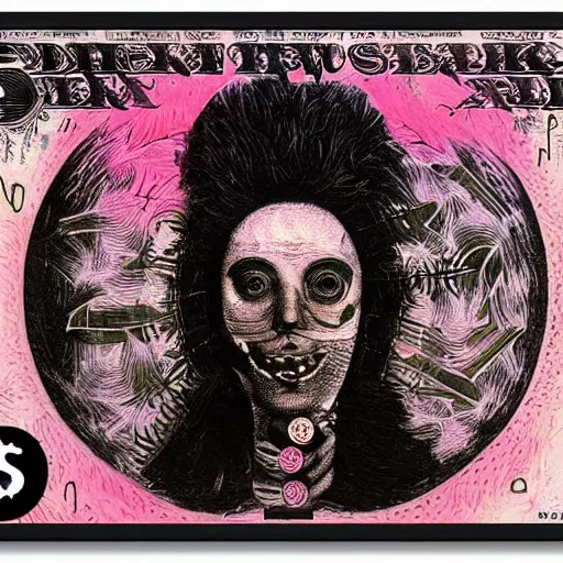 Image similar to post - punk new age album cover, asymmetrical design, frame of a dollar bank notes, capitalism, magic, apocalypse, psychedelic, black white pink, magic, giger h. r., giuseppe arcimboldo