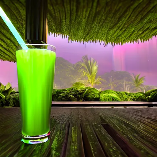 Image similar to green juice in a luscious tropical grove with neon auroras, path traced, environment, highly detailed, concept art, realistic, octane render, unreal engine, up close shot