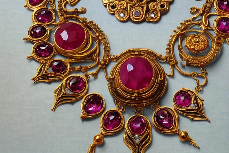 Image similar to highly detailed oil painting, front view, very realistic gemstones, art nouveau, ornate, delicate, brilliant ruby necklace, necklace on display, dramatic light,