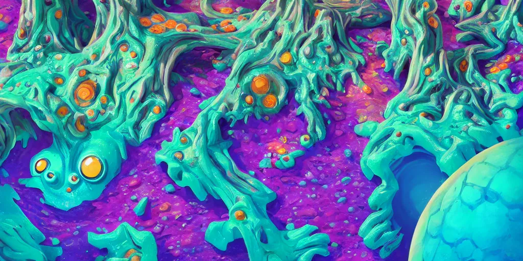 Prompt: of a colorful alien planet with strange cute friendly creatures with huge eyes, mouth, appearing from the coral floor, in the style of gehry and gaudi, macro lens, highly detailed, shallow depth of fielf, digital painting, trending artstation, concept art, illustration, cinematic lighting, vibrant colors, 3 d blender, photorealism, epic, octane render