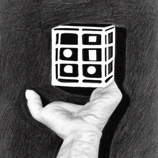 Image similar to MC Escher drawing of a hand holding a Rubix cube