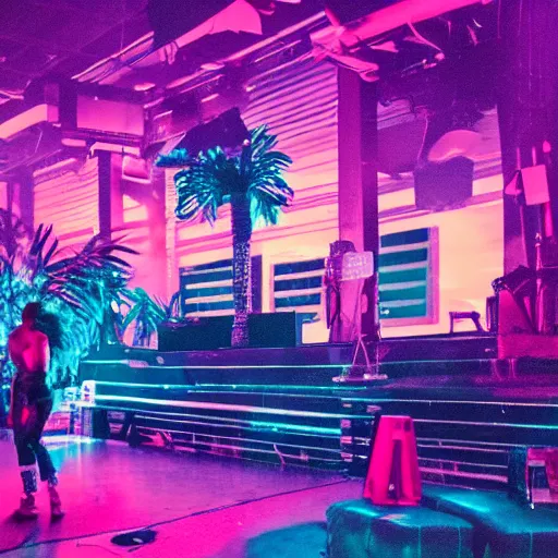 Prompt: a rapper concert in a retrowave setting, nighttime, octane