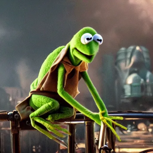 Image similar to majestic action shot of kermit the frog as immortan joe in a pixar movie, scene from an arthouse film, epic beautiful