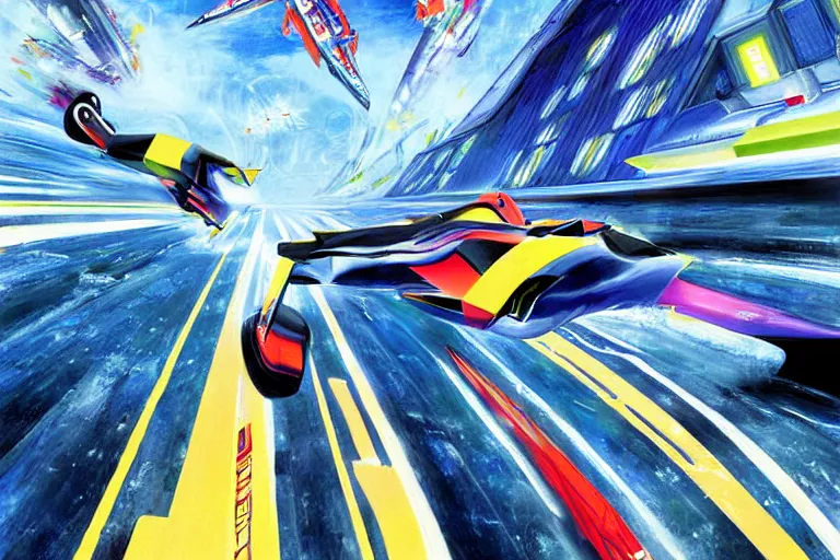Prompt: A Wipeout 2097 race by Turner and joseph stella, impressionism, poster art, clean shapes
