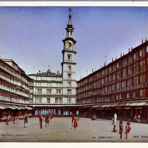 Prompt: colored postcard of la plaza mayor de madrid in 1 9 2 7 ; bromide real photo card with some additional hand - colouring