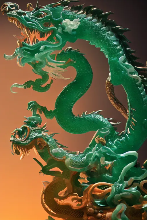 Image similar to a chinese dragon carved from translucent jade, dynamic pose standing on a marble pedestal, intricate details, intricate textures, warm lighting, vivid colors, smoke and mist, realistic octane render, hyper realistic render, volumetric shading, depth of field, raytracing, 8 k,