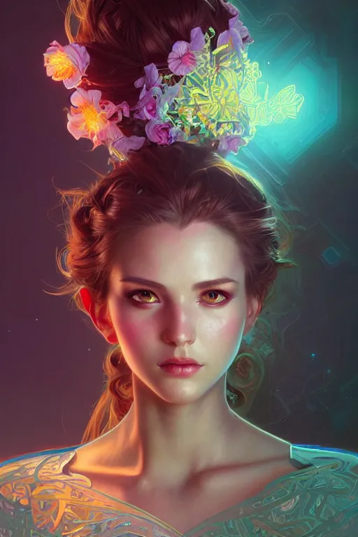 Image similar to beautiful female android!, half portrait, neon flowers, intricate detailed environment, cell shaded, floro details, intricate, elegant, highly detailed, digital painting, artstation, concept art, smooth, sharp focus, illustration, art by artgerm and greg rutkowski and alphonse mucha