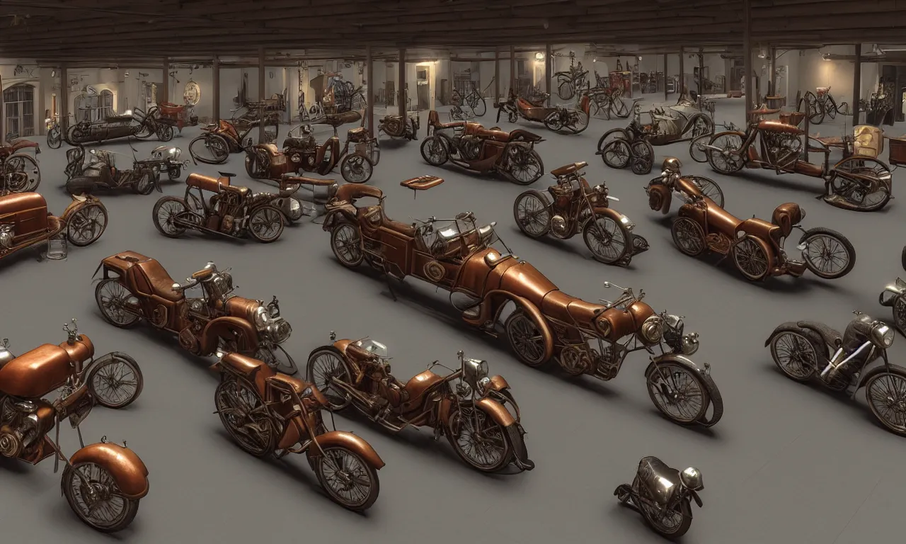 Image similar to exhibition hall of full of restomods cars, restomods bikes, dieselpunk, high detail, shading unreal engine 5, by leonardo da vinci, ambient occlusion