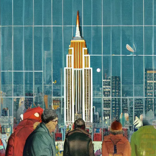 Image similar to Santa buzzing/flying past the empire state building whilst wearing his jetpack neil welliver robert rauschenberg greg rutkowski barnett newman giorgio de chirico simon stalenhag