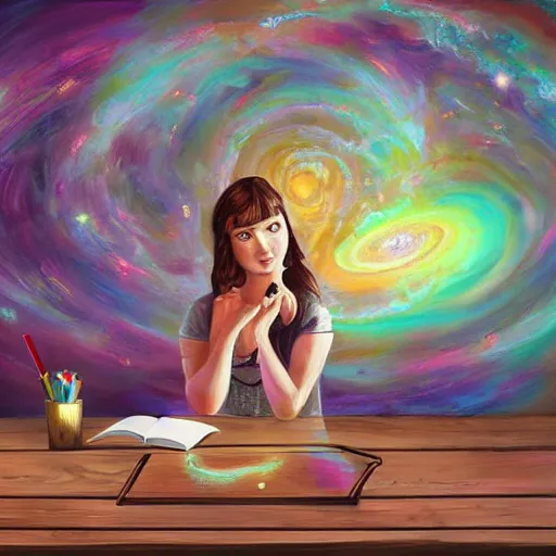 Prompt: a beautiful painting of a cute lady cartographer looking over a large paper map of galaxy spiral psychedelic human consciousness. the map is resting on a wooden table. digital art painting featured on artstation