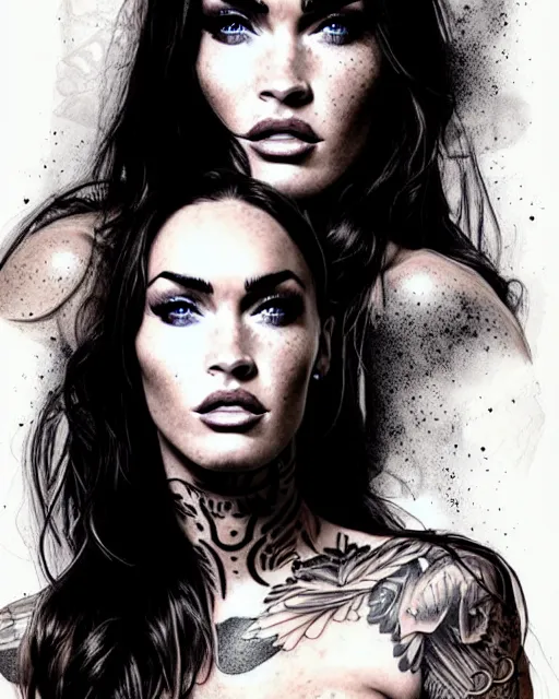 Prompt: double exposure portrait of megan fox with a mountain background, tattoo design sketch, in the style of matteo pasqualin, amazing detail, sharp