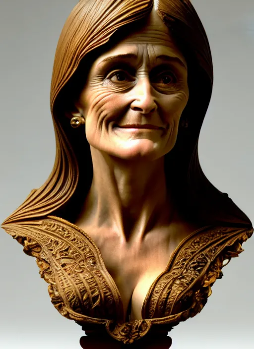 Image similar to high intricate bust of an margot kidder ( 1 9 7 0 ) carved from wood in baroque style, studio light, maria panfilova, andrea savchenko, mike kime, ludovic plouffe, qi sheng luo, oliver cook, trending on artstation