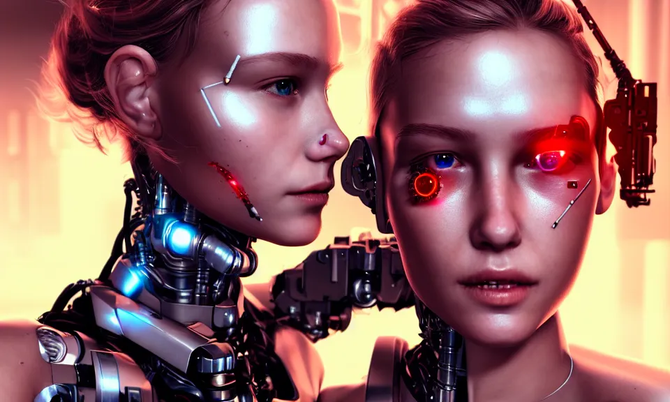 Image similar to a beautiful young girl with a cyborg body Fight with terminator, fine details, cyberpunk, realistic shaded Perfect face ,featured in cinematic, elegant, highly detailed,artstation,illustration, 8k