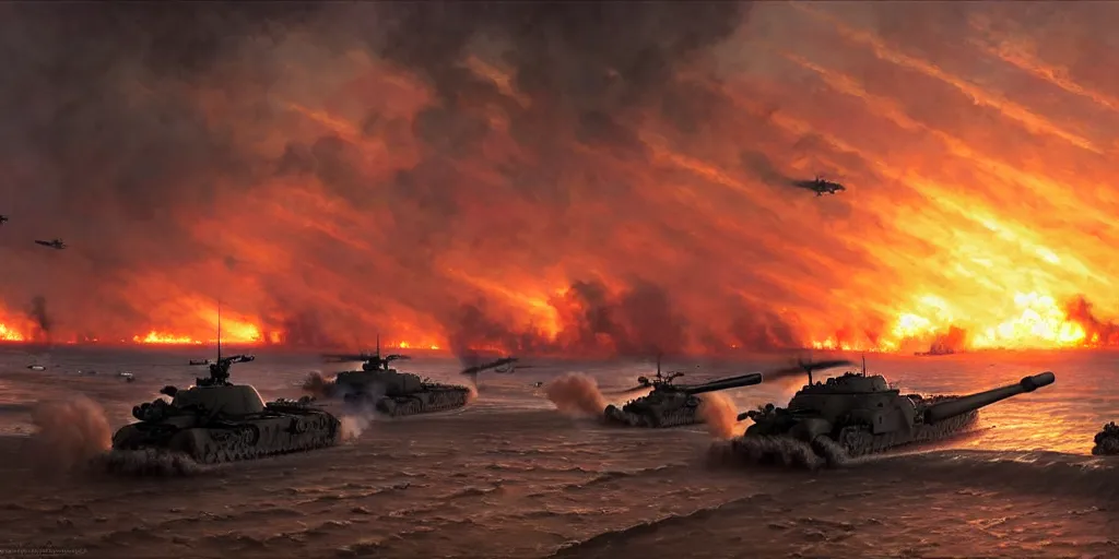 Image similar to the normandy!!!!! landings, d - day, 1 9 4 5, sunset, chaos!!!, smoke, fire, soldiers charging in, airplanes bombing the beach, destroyed tanks, highly detailed, wide shot, sadness, cinematic, ultra realistic!!!, ray tracing, by greg rutkowski