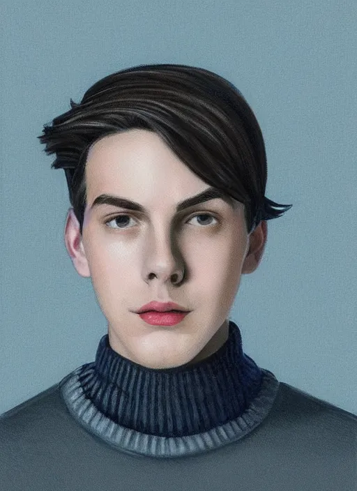 Prompt: portrait of teenage jughead jones wearing a light grey crown, crown, blue turtleneck, 1 9 5 0 s, closed eyes, photorealistic, black hair, glowing lighting, intricate, elegant, glowing lights, highly detailed, digital painting, artstation, concept art, smooth, sharp focus, illustration, art by wlop, mars ravelo and greg rutkowski