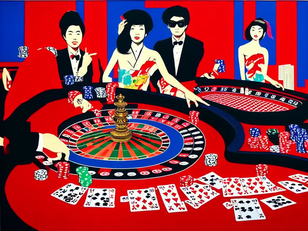 Image similar to hyper - realistic composition of a room in a casino with an extremely detailed poker table, croupier in traditional japanese kimono standing nearby fireworks in the background, pop art style, jackie tsai style, andy warhol style, acrylic on canvas