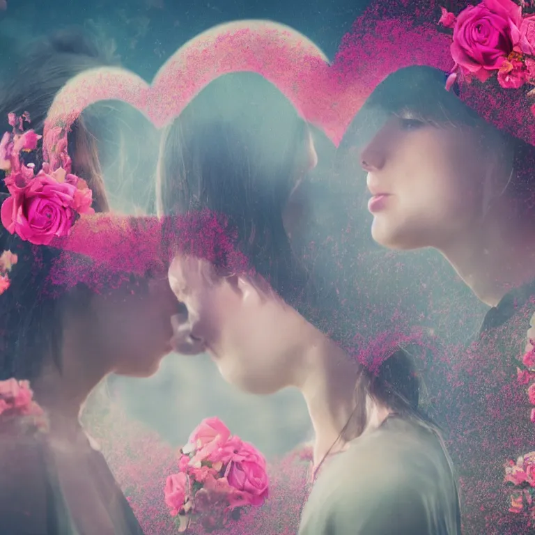 Image similar to double exposure of love, love is the most relevant theme, love is infinity, love os begin of all, 8 k resolution, artistic mode, artistic, flowers mode