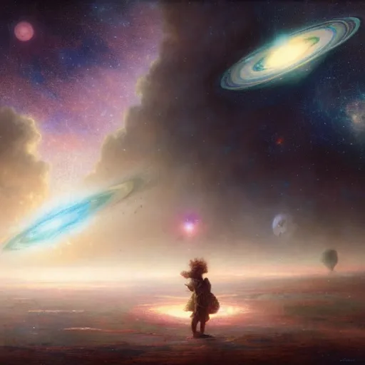 Image similar to a lonley and gloomy baby in middle of space surrounded by colorful stars planets and galaxies, high detail, by gaston bussiere, bayard wu, greg rutkowski, odd nerdrum, maxim verehin, dan dos santos, masterpiece, sharp focus, cinematic lightning