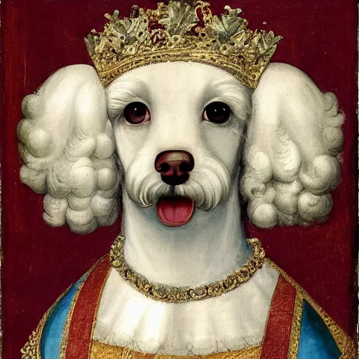 Image similar to portrait of a white poodle as an italian queen, painting by giotto di bondone, 1 3 0 0