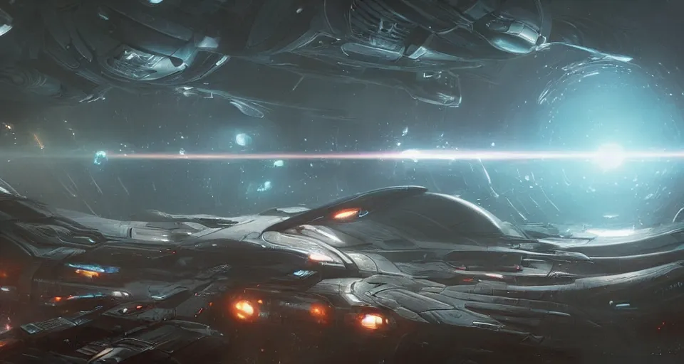 Image similar to Retro futuristic Sci-Fi space scene by Ridley Scott and Greg Rutkowski, Giant spaceship, nebulas swirls