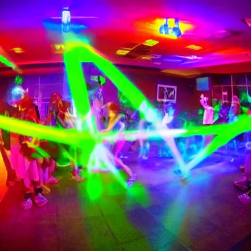 Prompt: nursing home retirement rave party with neon lights & lasers, highly detailed, 8k