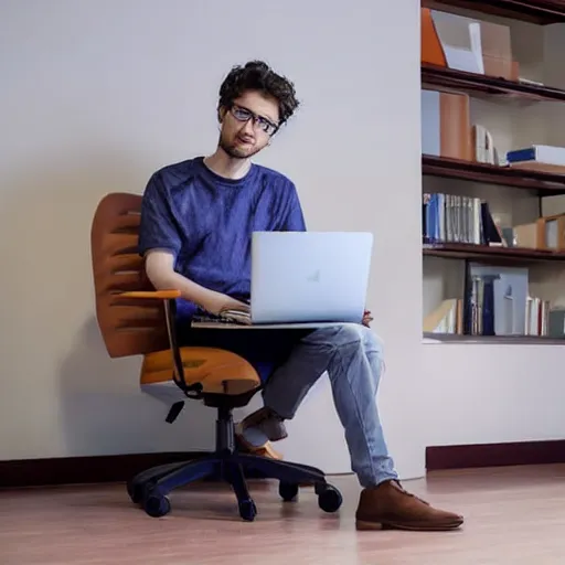 Image similar to software engineer sitting on a chair with a laptop after finding a bug that he spent several weeks debugging. highly detailed, 8 k.