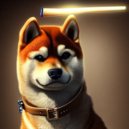 Image similar to muscular shiba inu holding a baseball bat, wearing a police uniform character design, highly detailed digital art, atmosphere, glow, lens flare, cinematic lightning, hyperrealistic, focused, extreme details, 4 k, ultra detailed, trending on artstation, masterpiece, digital art.