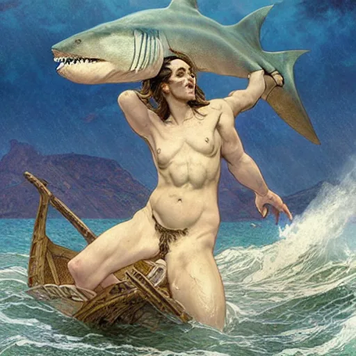 Image similar to megalodon designed in ancient Greece, (SFW) safe for work, photo realistic illustration by greg rutkowski, thomas kindkade, alphonse mucha, loish, norman rockwell