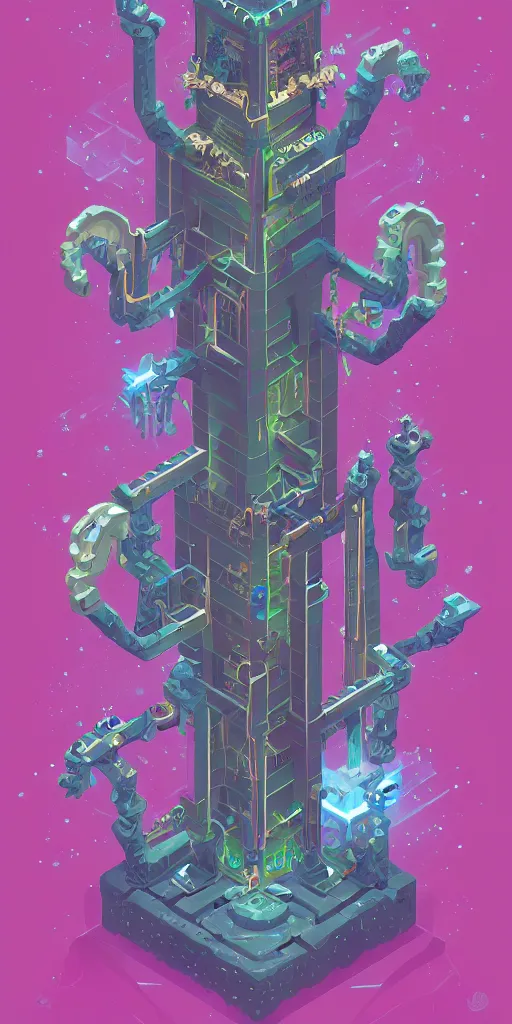 Image similar to isometric portrait of advanced alien, his last moment, mystical, intricate ornamental tower floral flourishes, technology meets fantasy, map, infographic, concept art, art station, style of monument valley, giger, wes anderson