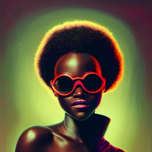 Image similar to Lupita Nyongo wearing opaque reflective goggles profile picture by Greg Rutkowski, brown skin, long afro hair, asymmetrical, futuristic, volumetric lights, cool colors, streetwear, studio ghibli, Organic Painting , Matte Painting, geometric shapes, hard edges, street art, trending on the artstation, fantasy LUT, realistic by Sachin Teng + Martin Grip + Moebius, techwear, Industrial Scifi, detailed illustration, character portrait,