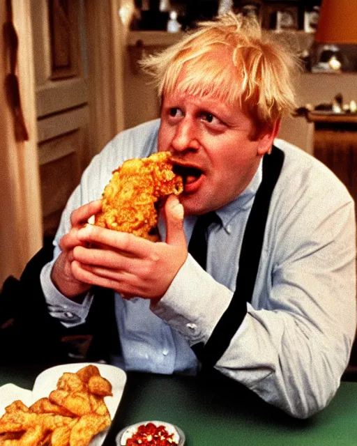 Image similar to film still close - up shot of boris johnson eating fried chicken from the movie monty python's the meaning of life. photographic, photography