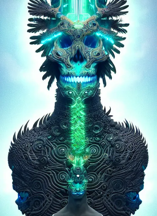 Image similar to 3 d shaman profile portrait, sigma 5 0 0 mm f / 5. beautiful intricate highly detailed quetzalcoatl skull and feathers. bioluminescent, plasma, lava, ice, water, wind, creature, thunderstorm! artwork by tooth wu and wlop and beeple and greg rutkowski, 8 k trending on artstation,