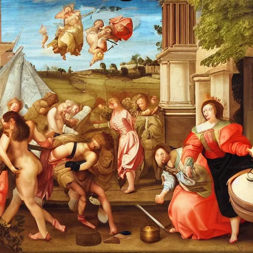 Image similar to an renaissance oil painting depicting customers fighting over toiletpaper, masterpiece, detailed oil painting, historical, battle
