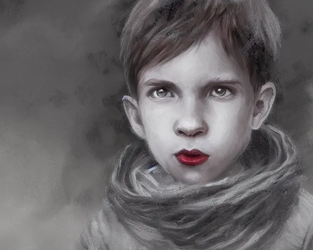 Prompt: a black and white highly detailed digital painting of a young boy with a red scarf, medium long brown hair, green eyes, is looking at a bird, ethereal, horror, fantasy art by greg rutkowski and magali villeneuve and claude monet black and white but the eyes are green and the scarf is red