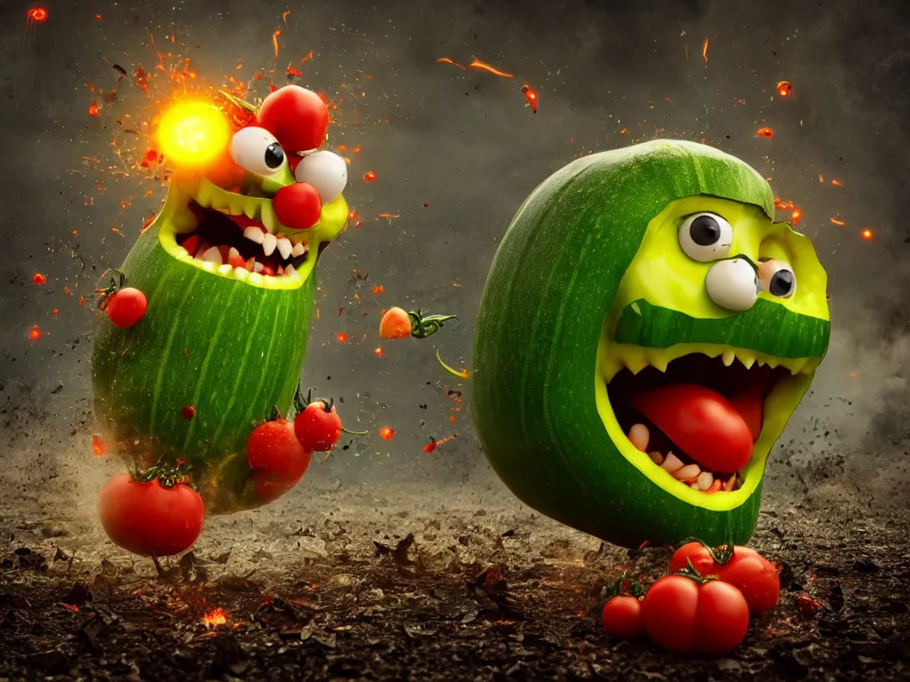 Image similar to highly detailed 3 d render of a raging mad angry zucchini character, burning scissors flying, dirt road, scared tomates scattered everywhere, high speed action, explosions, dramatic scene, hyper realistic octane render, cinematic lighting, tomato splatter, deviantart, black sky, lowbrow, surrealism, pixar influenced, mayhem