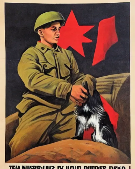 Image similar to communist propaganda poster of an australian shepherd soldier, soviet art