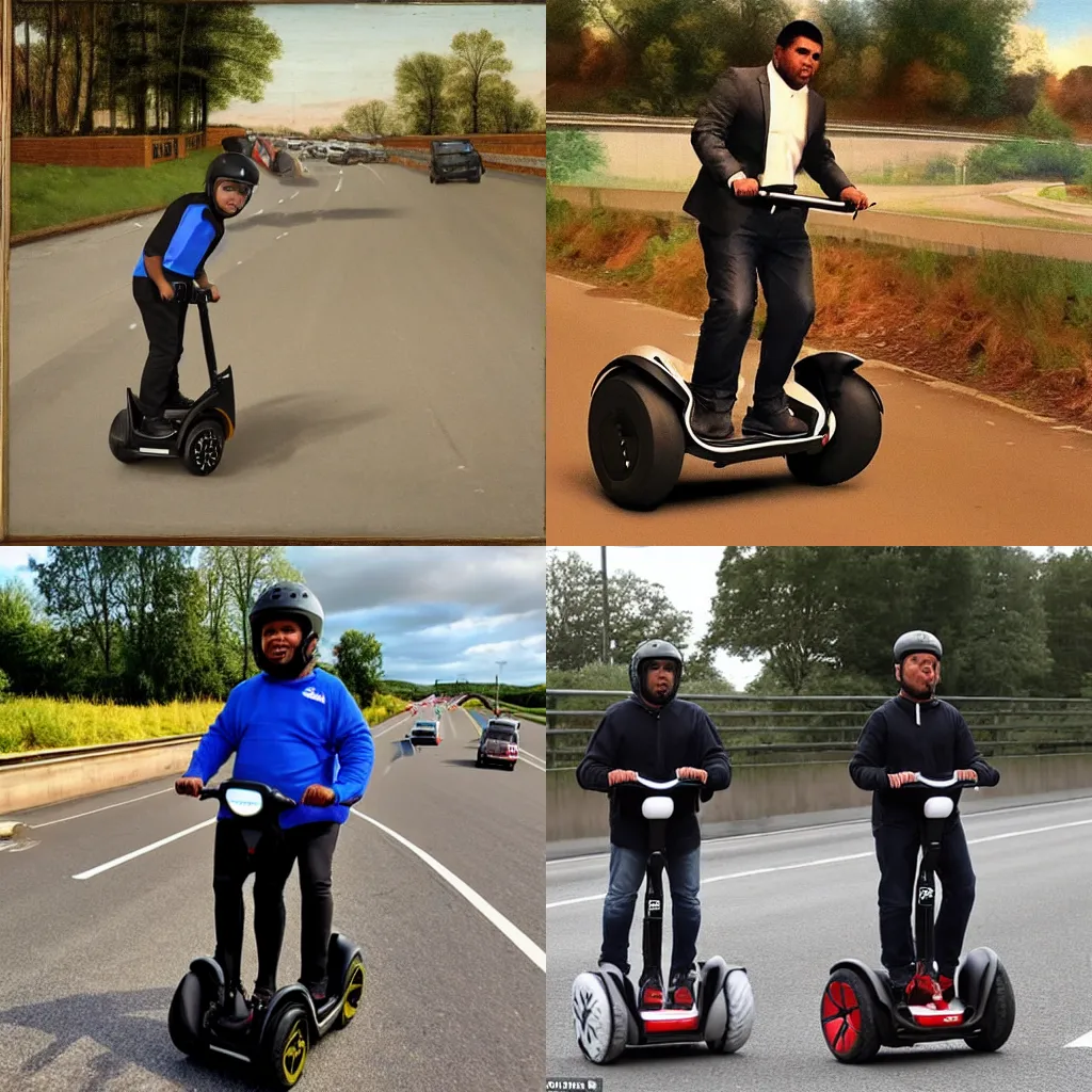 Prompt: Harvey Price riding a segway down the motorway, renaissance oil painting, footage from traffic flow cameras