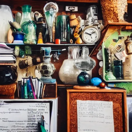 Prompt: the cluttered desk of a potion master