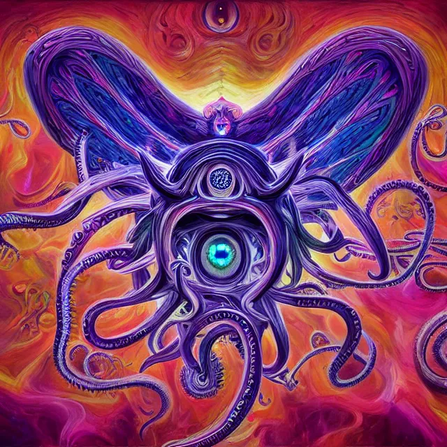 Image similar to angelic ophanim Lovecraftian horror covered in eyes tentacles and wings, oil painting award winning, chromatic aberration sharp colors, fractal geometry insane angel