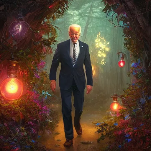 Image similar to ultra realistic illustration of magical joe biden!!!, forest, fantasy, colorful lights, intricate, elegant, highly detailed, digital painting, artstation, concept art, smooth, sharp focus, illustration, art by artgerm and greg rutkowski and alphonse mucha