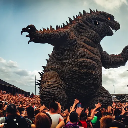 Prompt: Godzilla performing at Woodstock, Leica 20mm, 4K