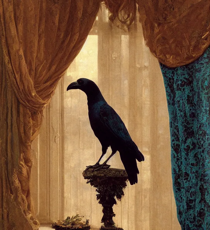 Prompt: a beautifully photoreal clear detailed victorian portrait of a close up raven on a victorian windowsill with an ornate velvet dark teal curtain at beautiful sunset daytime nature sunlit painting by frederic leighton and turner and rosetti and morris, 8 k, octane render