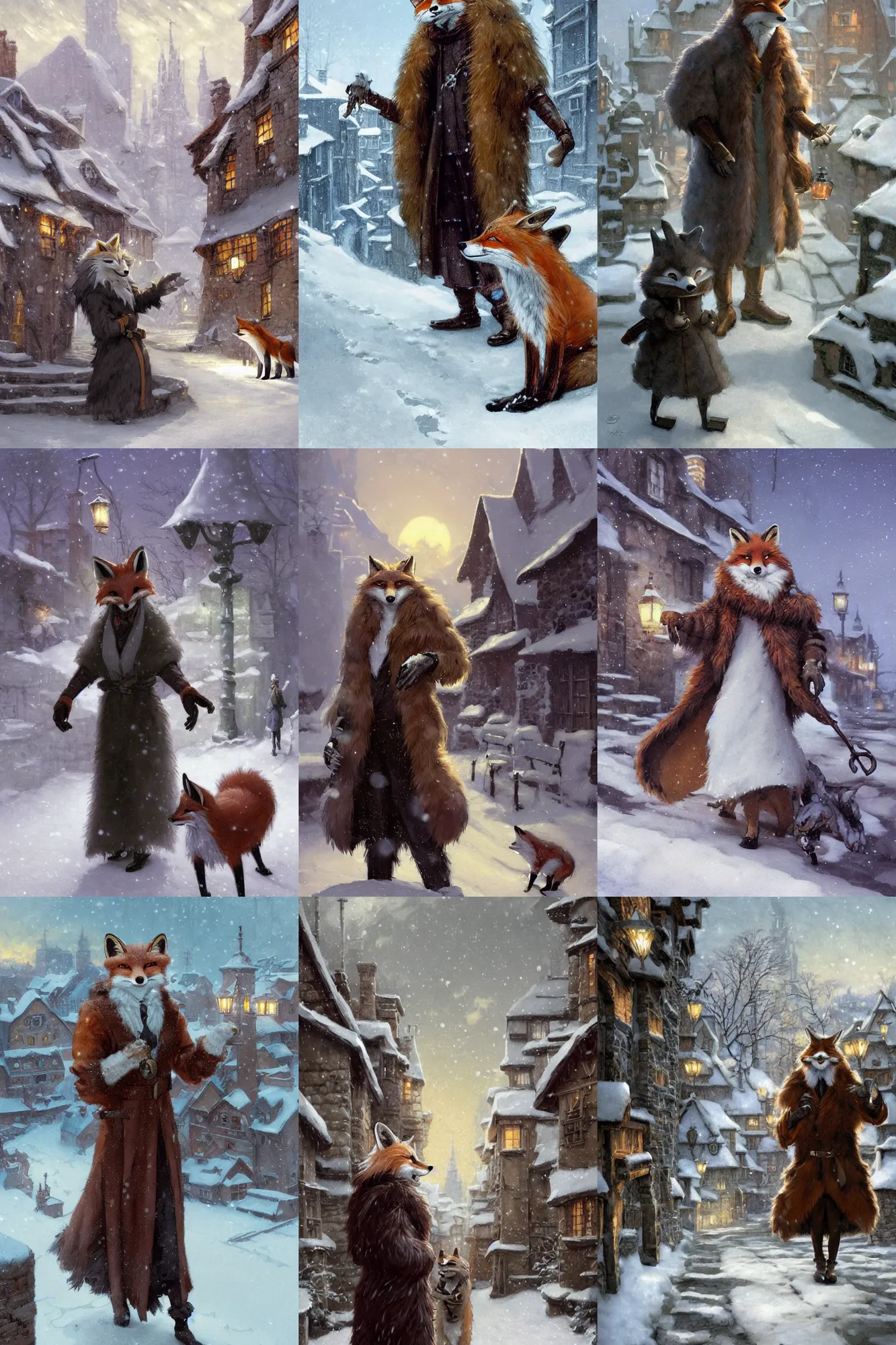 Prompt: an anthropomorphic fox man wearing a long fur coat and mittens in a snowy village, character illustration by greg rutkowski, thomas kinkade, Howard Pyle, El Greco, Cynthia Sheppard, Studio Ghibli