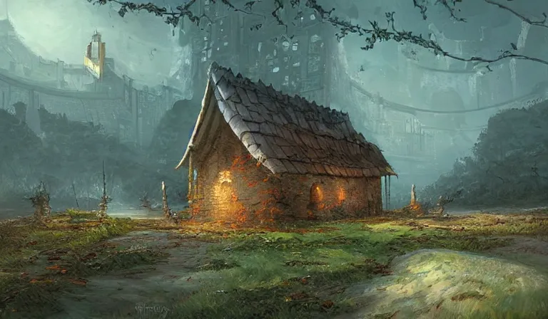 Image similar to A serene landscape with a singular building in the style of Marc Simonetti.